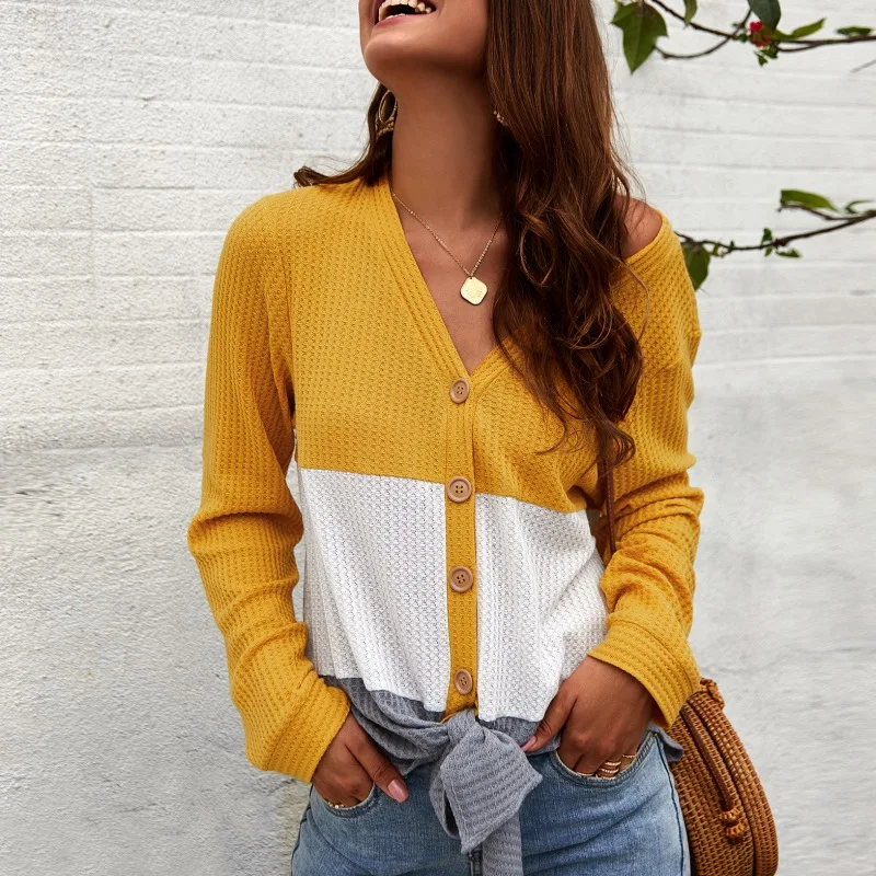 

Casual Loose Colorblock Lace Up T-shirt Women V-Neck Long Sleeve Casual Basic Tee Shirt Women T Shirt