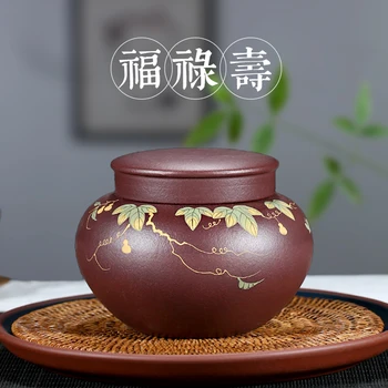 

Chang tao 】 yixing handmade ceramic tea-pot tea match caddy painted purple clay mud fu lu shou large 600 cc