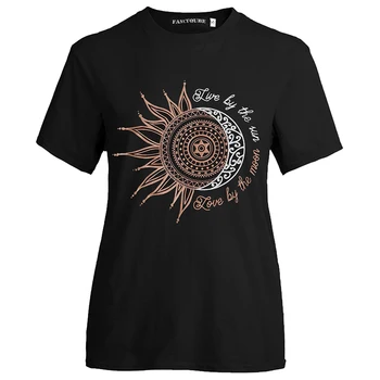 

Fashion Letter Sun Moon Printed Printing Top Short Sleeve Graphic Tee Shirt Female Tee Tshirt Tops Women T-shirt