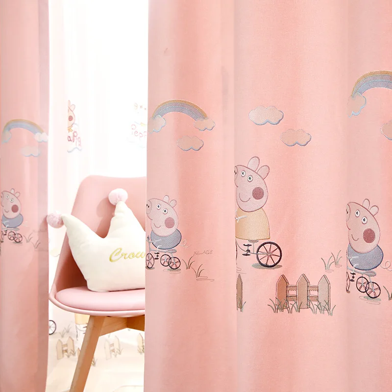 

2020 New Pink Cartoon Children's Room for Girl Bedroom Shading Cloth Cotton and Linen Embroidery Finished Curtains