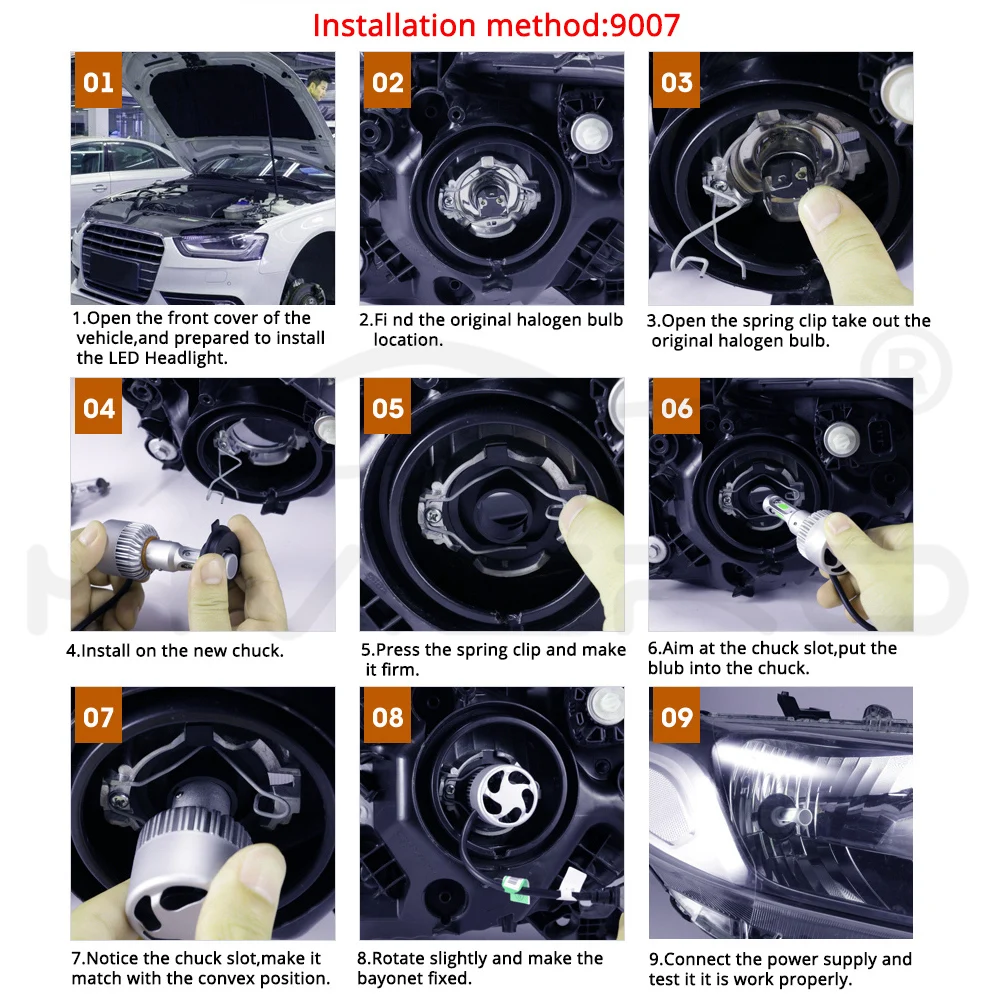 Hviero Car Heahlight Fog Lighting 9007 HB5 Hi-Lo High Low Beam S2 COB IP67 Waterproof 6500K 72W 8000LM Auto Headlamp Led DC 12v 24V