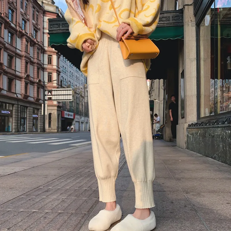 

Women Knitted Ankle-length Harem Pants Autumn Winter High Waist Wide Leg Lady Warm Pocket Trousers Korean Fashion Streetwear