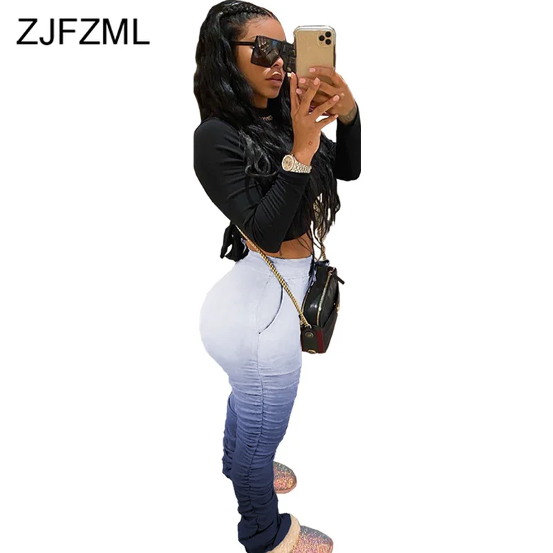 

Plus Size Hip Hop Bandage Long Trouser 2020 Women Gradient Color High Waist Ruched Pant Casual Girls Party Bell Bottom Sweatpant
