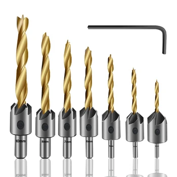 

HOT-7PCS Countersink Drill Bit, Titanium Plating Drill Bit Set Wood Drill Set Woodworking Chamfer, with Hex Wrench for Wood