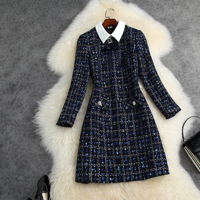 Navy Blue Plaid Bow Tie Tweed Dress Autumn Winter Women Long Sleeve Diamonds Button Vintage Woolen Short Dress