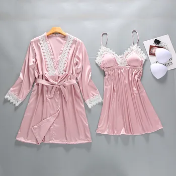 

Silk Robe Night Dress Pajamas For Women 2PCS Summer Bathrobe Sleep Tops Lingerie Set Sexy Casual Daily Wear сексуальное белье