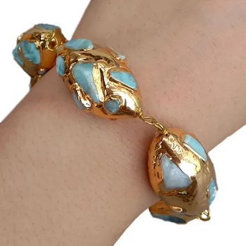

8" Women's Gold Plated Natural OVal Larimar Beads Bracelet