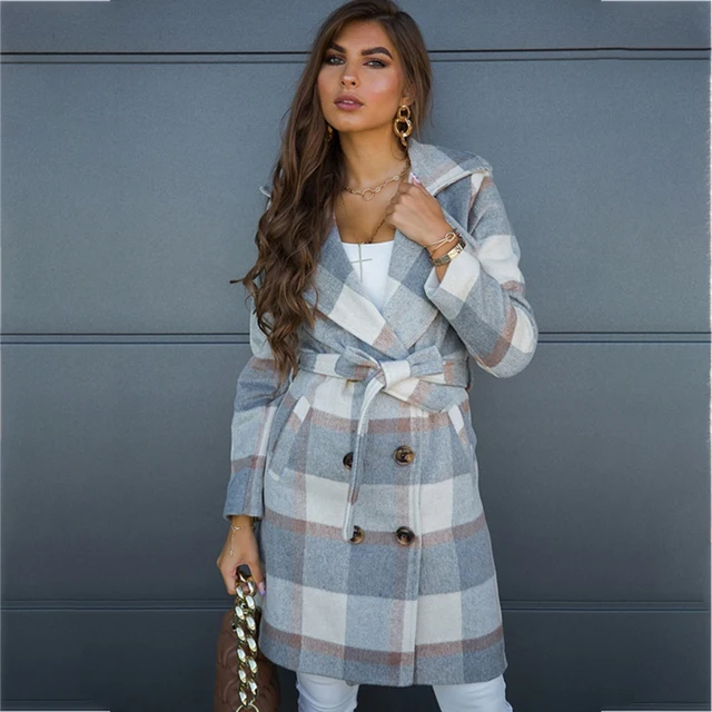 Women Woolen Cloth Long Sleeves Coat Lapel Double-breasted Lace Up Straight Casual Long Women Coat