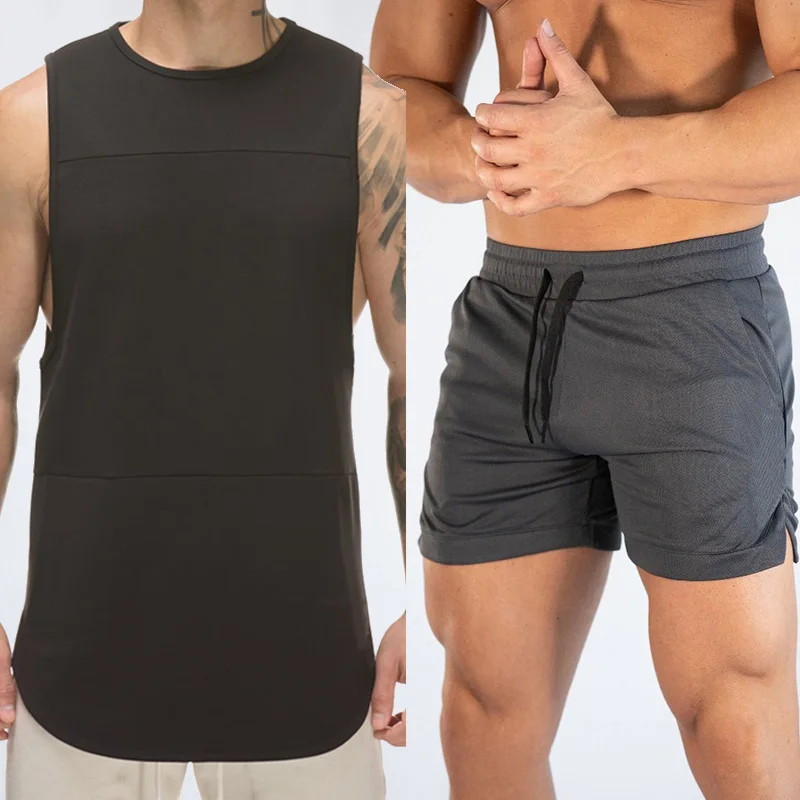 Summer 2pcs Running Sets Tracksuit Men Sportswear Joggers Mens Clothing Mesh Bodybuilding Sleeveless Shirt+Gym Shorts Sweatsuits - Цвет: 09