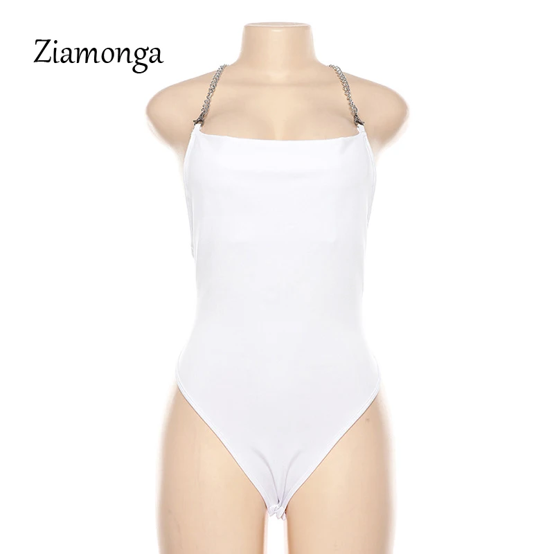 Ziamonga ремень с цепочкой черный белый женский боди без рукавов с открытой спиной сексуальный боди полиэстер Облегающий комбинезон женские летние топы