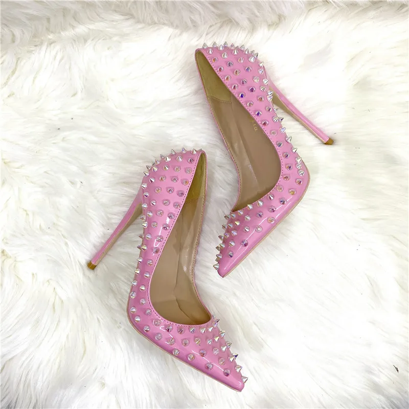 スタッズ付きピンクハイヒール Ke Shang Jia Pink Bright Light Women Full Punk Rivets