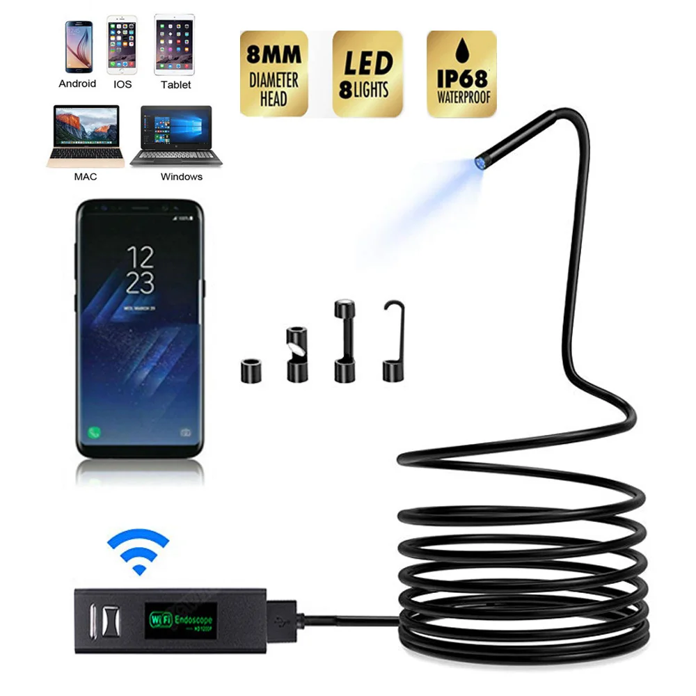 

Wireless Endoscope, 2.0MP 1080P HD Zoom WiFi Borescope, Semi-Rigid Snake Inspection Camera for Android & iOS Smartphone Tablet