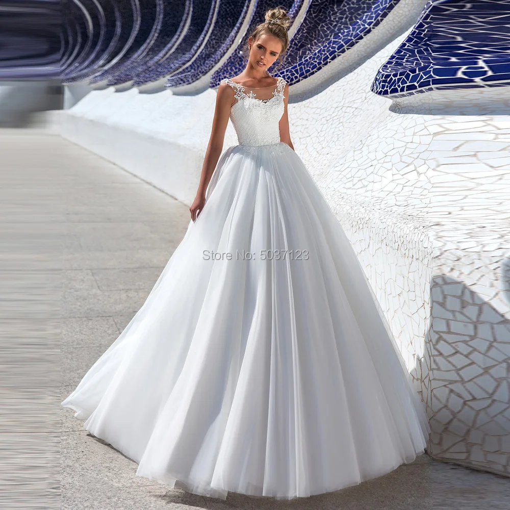 Трапециевидные тюлевые Свадебные платья Vestido De Noiva, декольте с кружевными аппликациями, подвенечные Свадебные платья со шлейфом на заказ