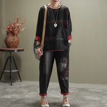 Color Patch Embroidery Suits Female 2 Piece Set Women 2020 Spring O Neck Long Sleeve T Shirt Loose Casual Suit For Woman