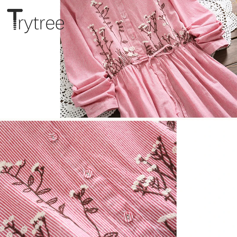 Осеннее женское платье Trytree Повседневное рубашка в полоску с круглым вырезом и