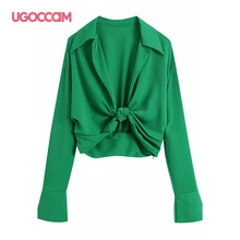 

UGOCCAM Women Blouse Fashion Turn Down Collar Knotted Green Color Short Smock Blouse Chic Crop Top Female Long Sleeve Slim Shirt