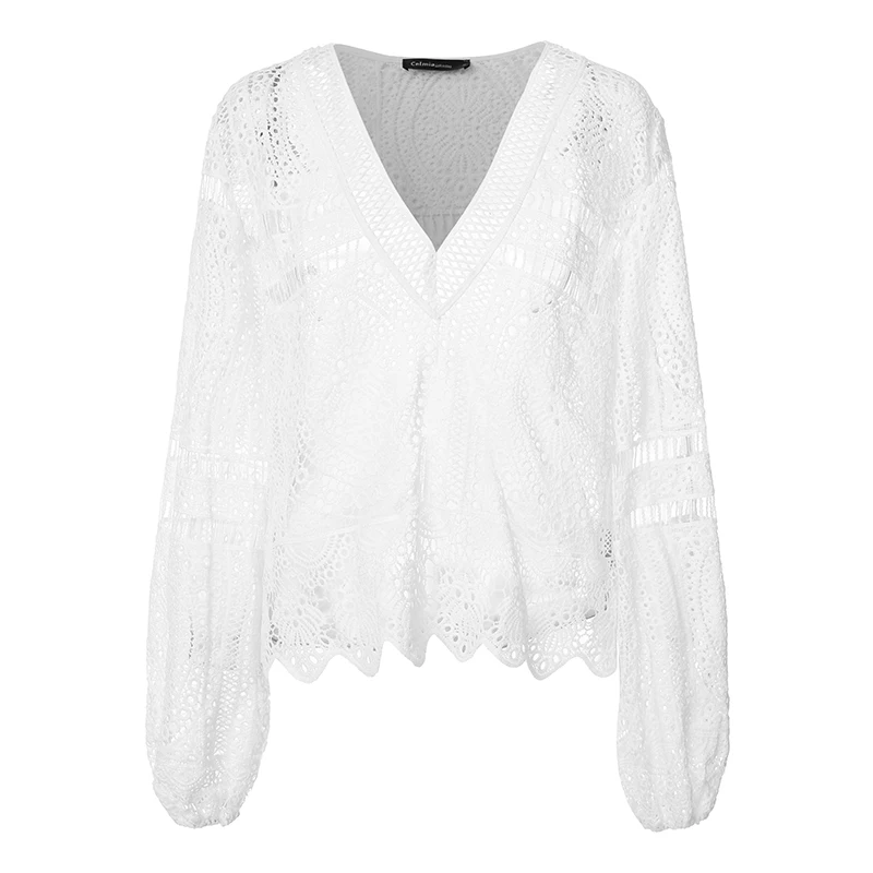 Элегантные OL белые кружевные топы для женщин, cemia, модная сексуальная блуза с длинным рукавом и v-образным вырезом, повседневные прозрачные летние рубашки S-5XL - Цвет: Белый