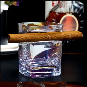 

Colorful Wine Whiskey Cup With Cigarette Groove Cigar Cups Lead-Free Crystal Beer Glass Home Thickening Glasses Square Drink Mug