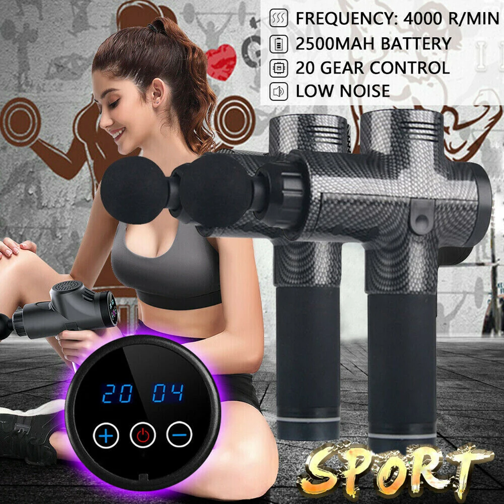 Instrumento de massagem LCD Touch Percussion Massager Muscle Relax Fascia Recovery Therapy al�vio da dor 4 cabezas con bolsa