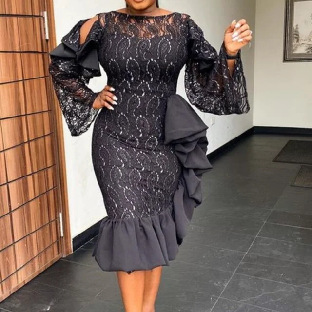 Elohor Vintage Lace Long Sleeve Bodycon Dress