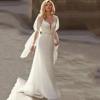 

Eightree A-Line Long Sleeves Wedding Dresses 2020 Lace Flowers Princess Bride Gowns Custom Made Boho Beach Wedding Gowns