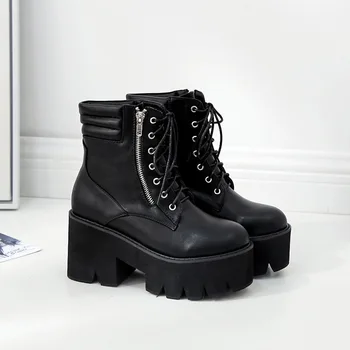 

Wholesale Autumn Ankle Boots For Women Motorcycle Boots Chunky Heels Casual Lacing Round Toe Platform Boots Shoes Female 995