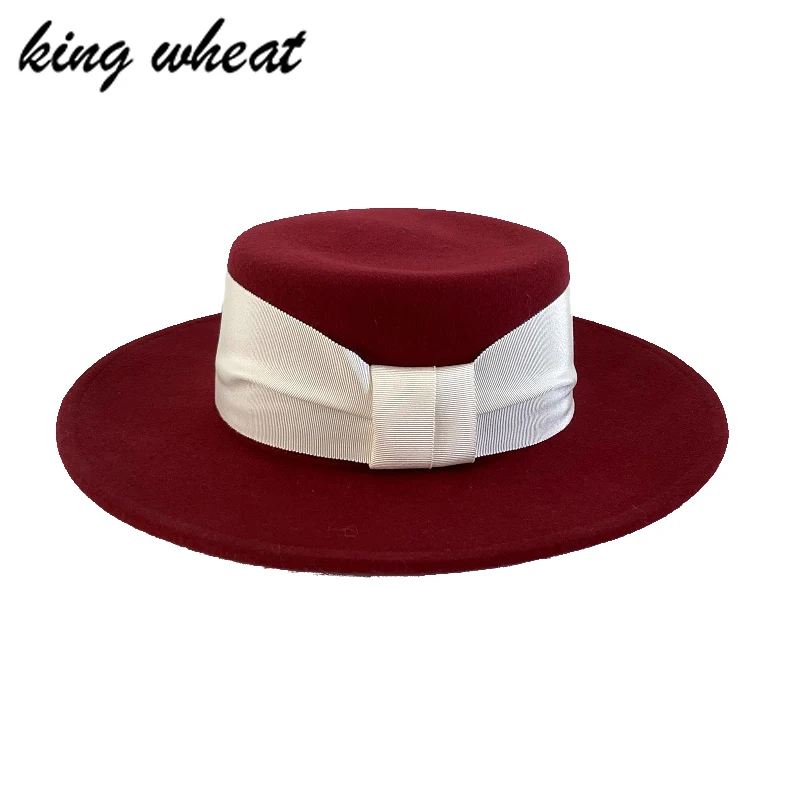 

King Wheat Autumn Winter Warm Wide Brim Wool Claret Women Fedora Lady Ribbon Formal Hat Fashion Travel Shopping Stage Felt Cap