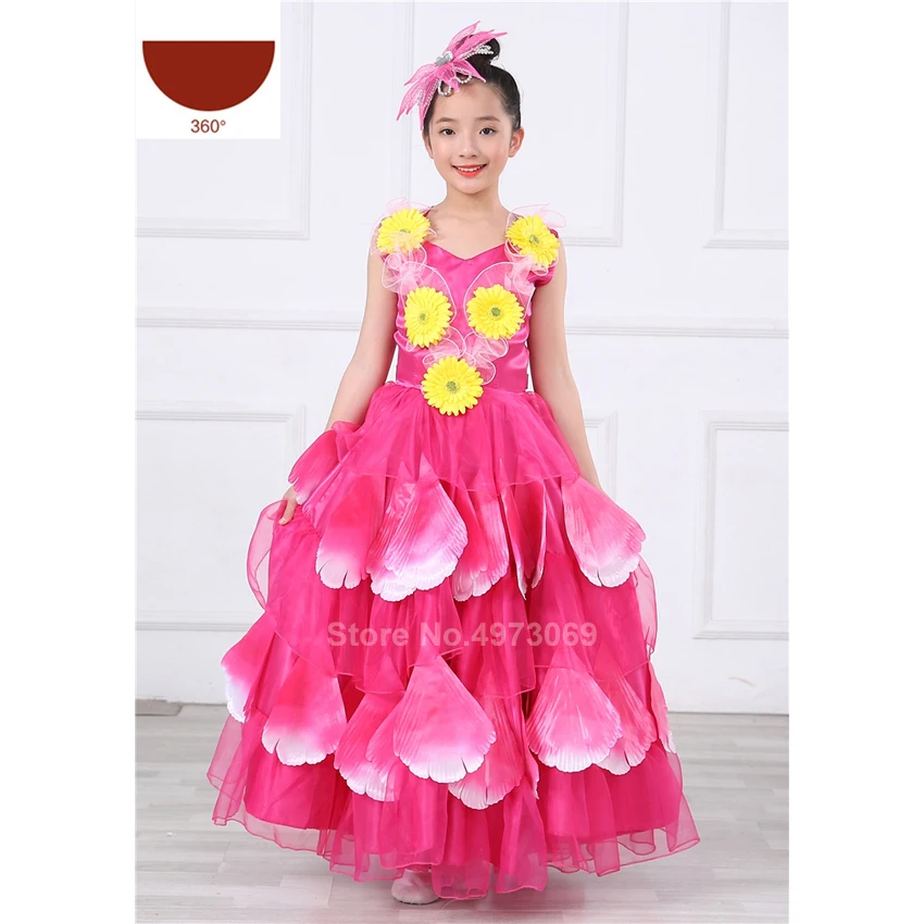 Цыганское Платье для девочек; детское испанское платье для фламенко; костюм для танца живота; длинный халат с лепестками пионов; одежда Феи для сцены - Цвет: 360Degree Color1
