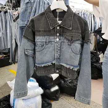 

2020 Spring Autumn Personality Grey Blue Stitching Denim Jacket Women's Short Lapel Single-breasted Jeans Coat Outwear Top Femme