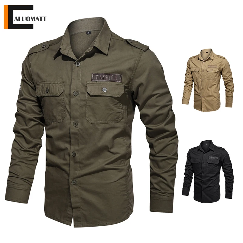 Cotton Army Green Mens Shirts Spring 