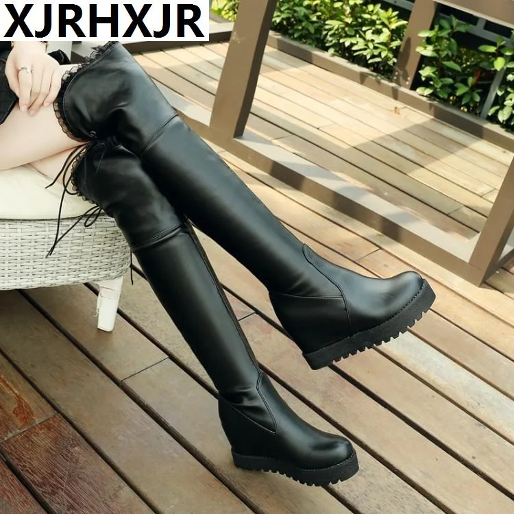 

Women's Over The Knee Boots 8cm Increased Thick Bottom Autumn and Winter Plus Velvet Thin High-heeled Leather Long Boots Wedges