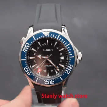 

Casual Bliger 41mm black dial luminous marks blue ceramic bezel GMT function automatic movement men's wrist watches