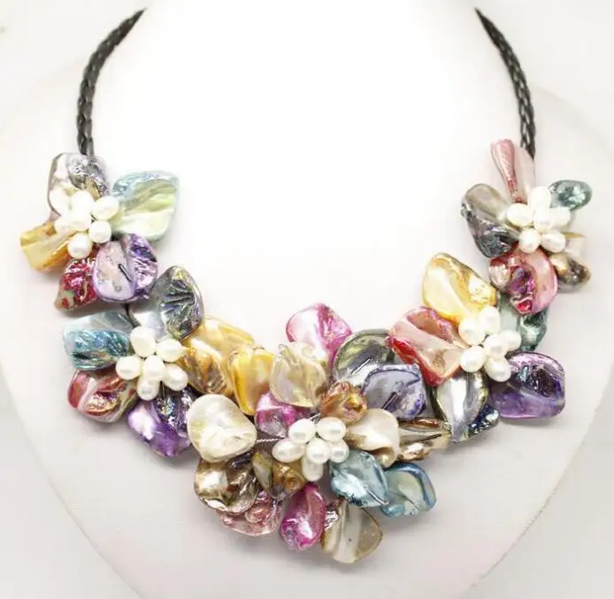 Jewelry Pearl Necklace Hot sale new Style &gt&gtStunning Multicolor Freshwater Sea Shell Flower Leather Free Shipping | Украшения и