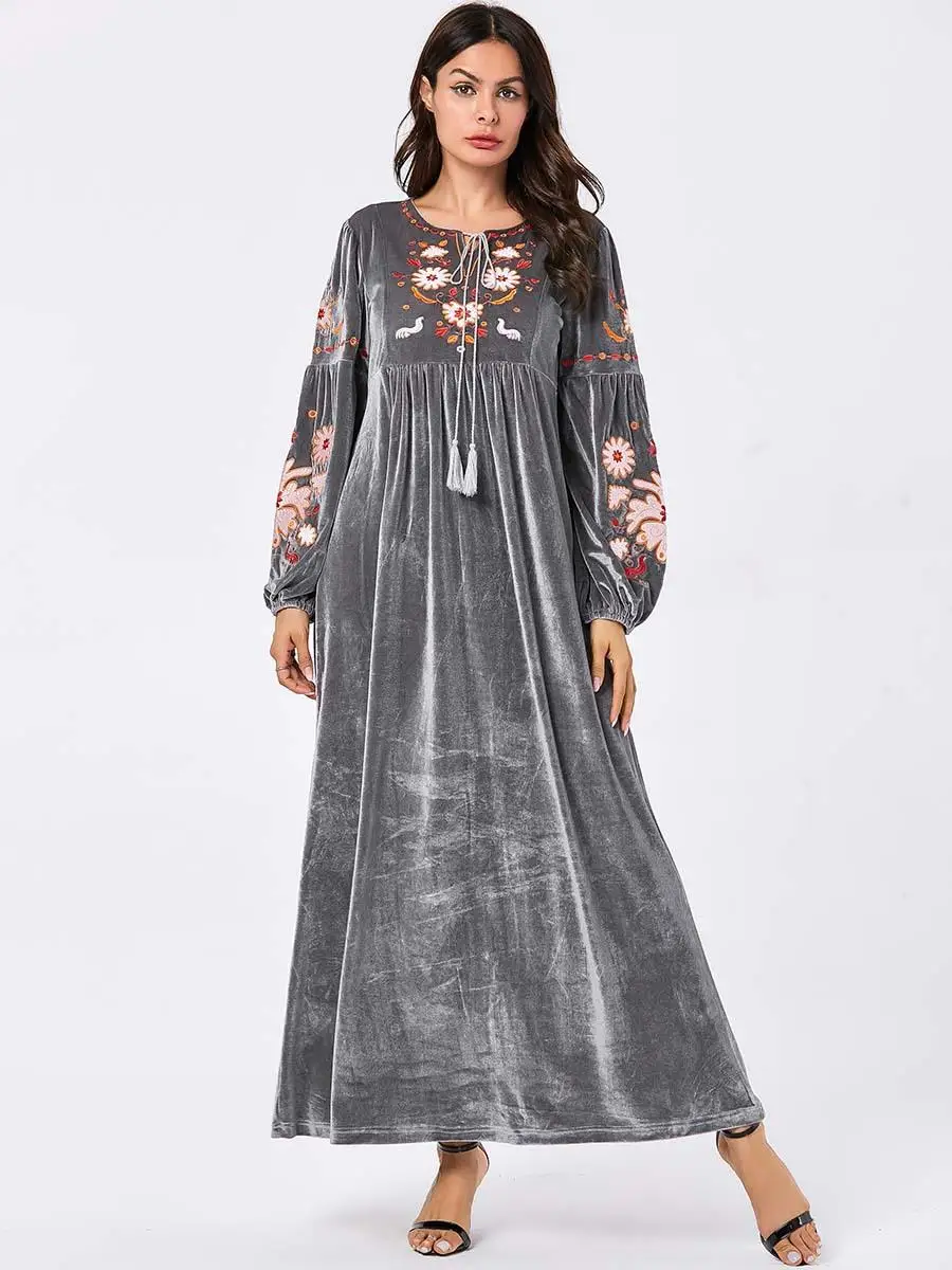 Модное женское бархатное теплое мусульманское платье abaya длинное платье с вышивкой исламские Макси-платья Дубай jilбаб с круглым вырезом платье одежда