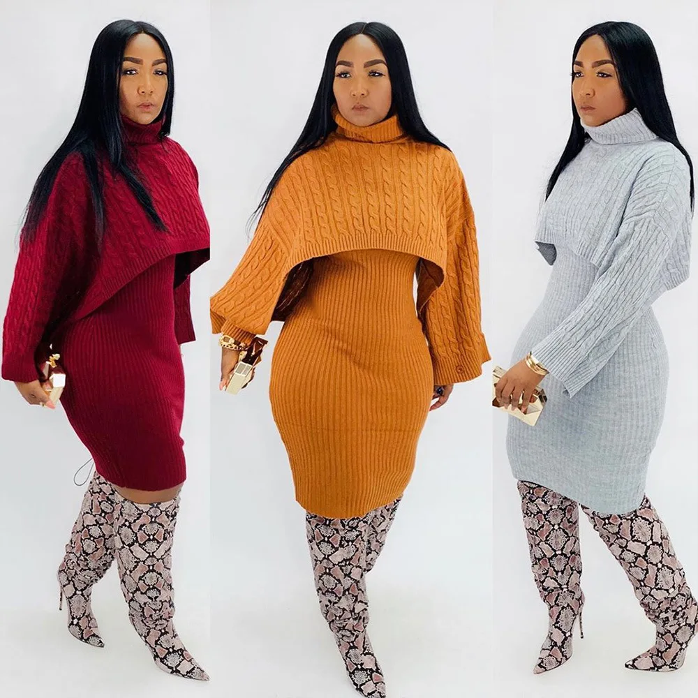 HAOYUAN Two Piece Set Women Plus Size Fall Winter Clothing Knit Turtleneck Sweater Top and Dress 2 Piece Outfits Matching Sets