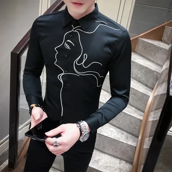 

Chemise Homme 2020 Spring Solid Long Sleeve Shirt Men Korean Fashion Slim Fit Sexy Beauty Print Casual Men Shirts Black White