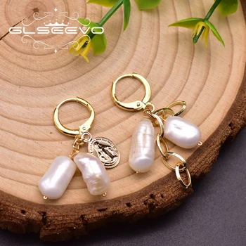 

GLSEEVO Natural White Baroque Pearl Jewelry Designer Drop Fashion Earrings Asymmetry For Women Girls Engagement Orecchini GE0942