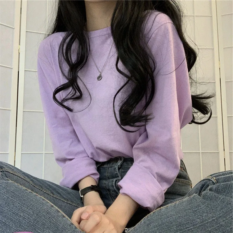 

VINStudio M-2XL Women Long Sleeve T Shirt 2020 Spring Autumn Tops Solid Base Tees Female Casual Round Neck T-Shirts Plus Size