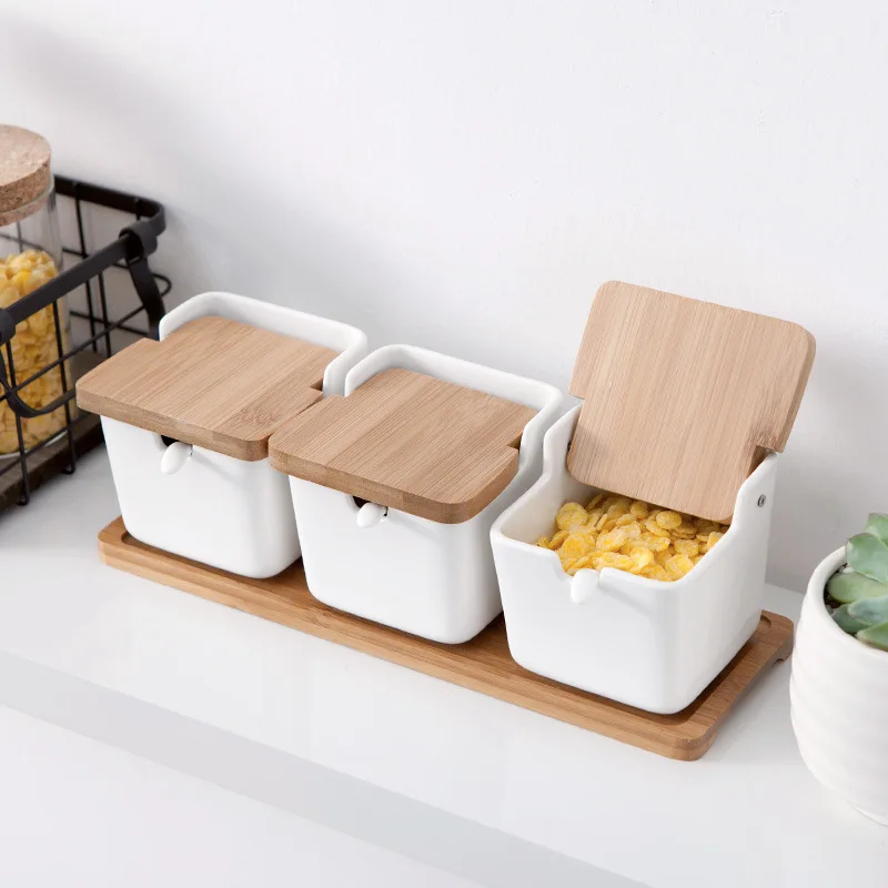 

Seasoning Rack Spice Pots Bowls with Spoon and Porcelain Box and Bamboo Cover - Storage Container Condiment Jars Of 4 Set