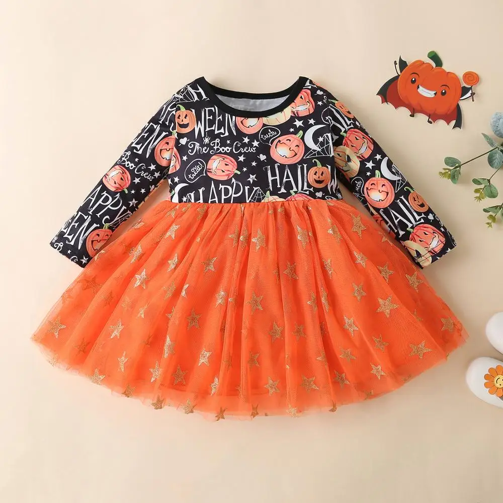 2020 New Arrivals Summer Children Sets Long Sleeve Print Star Mesh Dresses Halloween Style Cute 2Pcs Girls Clothes 2-7T | Детская одежда