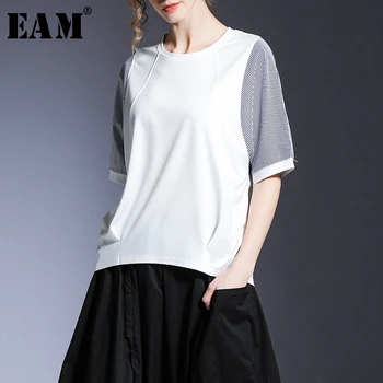 

[EAM] Women Black Striped Split Joint Big Size T-shirt New Round Neck Half Sleeve Fashion Tide Spring Summer 2020 1T724