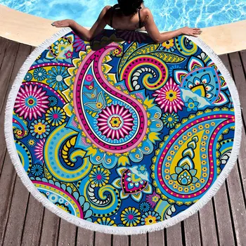 

Microfiber Round Beach Towel Bath Towel Geometric Print with Tassel 150Cm