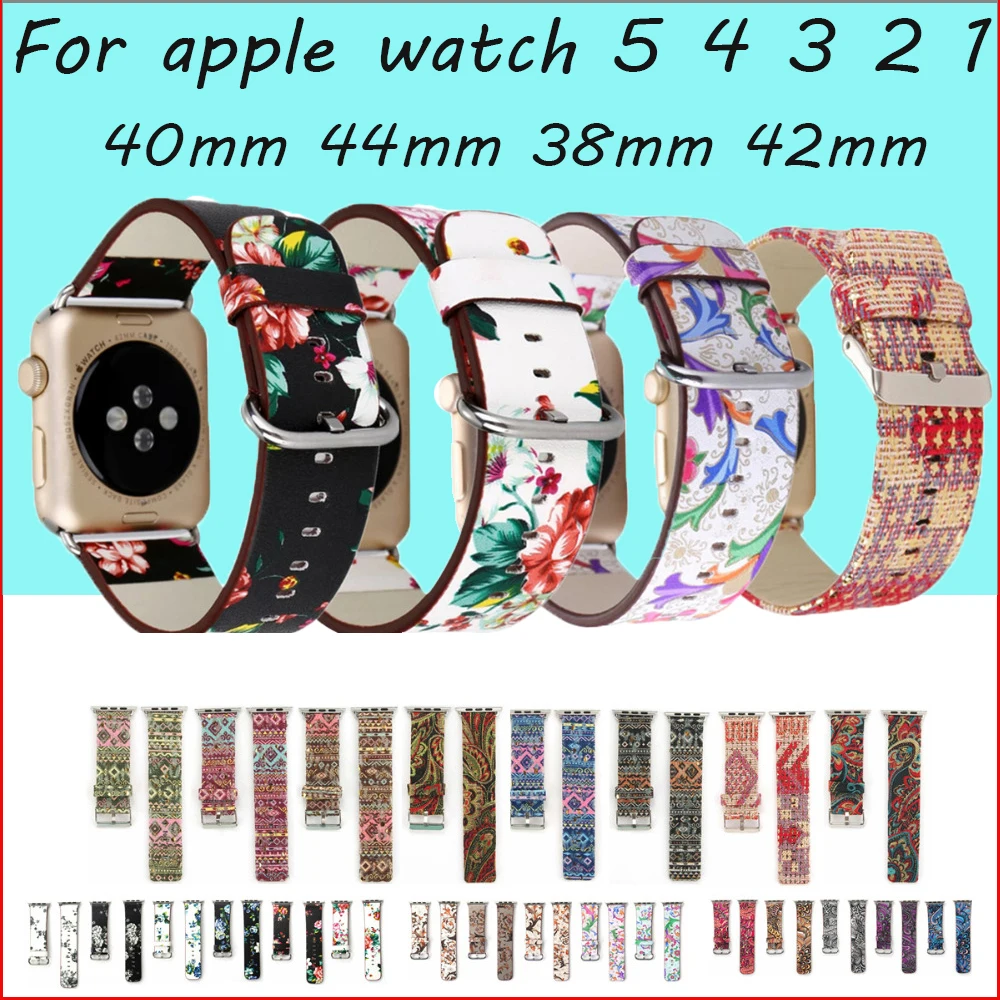 Кожаный ремешок для Apple Watch, ремешок для Apple watch 5, 4, 3, 2, 1, 44 мм, 40 мм, iwatch, ремешок 38 мм, 42 мм, браслет для часов с цветочным принтом