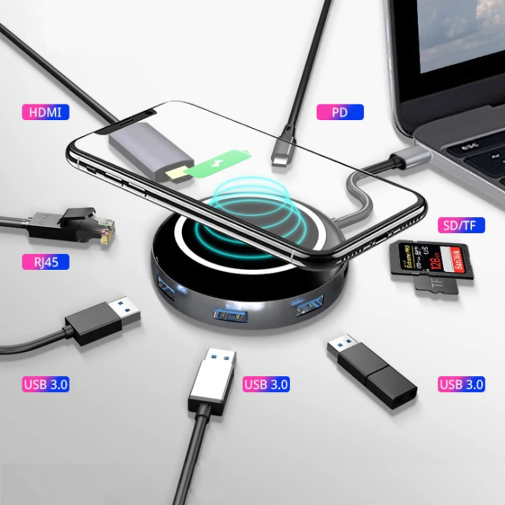 

9 in 1 USB 3.1 USB-C Type C Hub to USB 3.0 SD TF RJ45 HDMI Type C PD Charging QI Wireless Charger Adapter for iPhone Macbook
