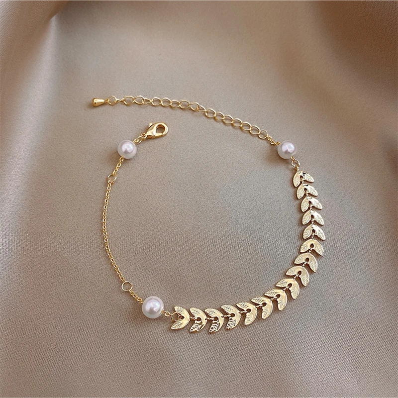 Stainless Steel Gold Leaves Pearl Bracelets For Women Vintage Gift Fashion Jewelry Fashion Bracelet