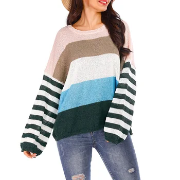 

Sweater Women Large Size Pullover Sweaters Round Neck Contrast Color Striped Loose Casual Sweater