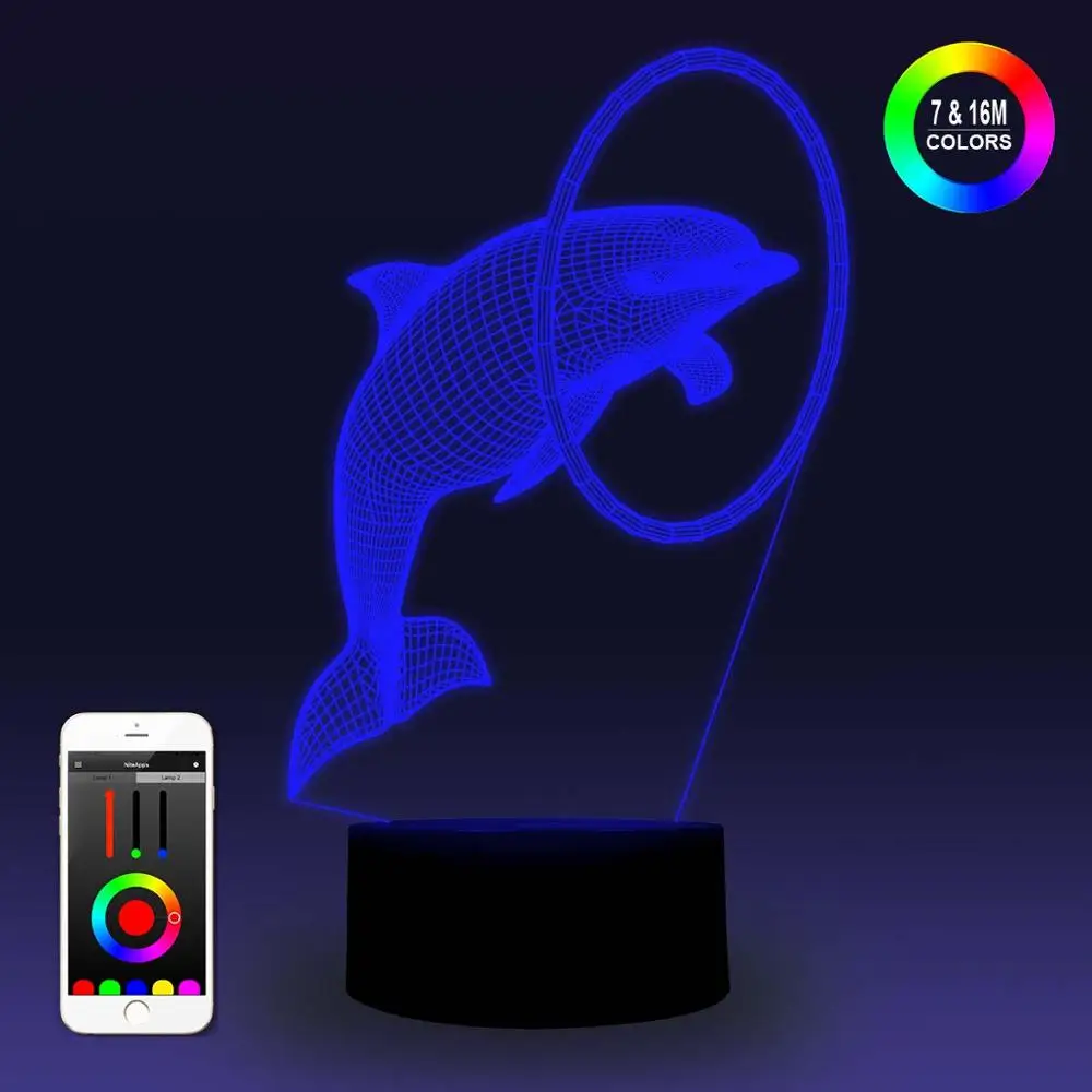 NiteApps 3D Дельфин светодиодный ночник настольная лампа иллюзия Лампа подарок на день рождения приложение/сенсорное управление