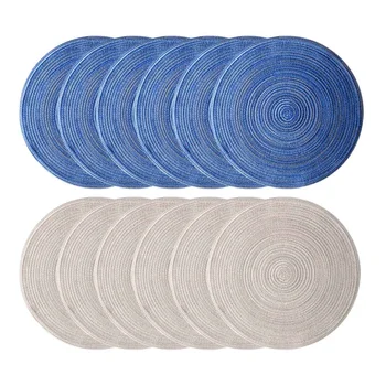 

2 Set Table Ramie Insulation Pad Solid Placemats Cotton Linen Non Slip Table Mat Home Pad Couster-Beige & Blue