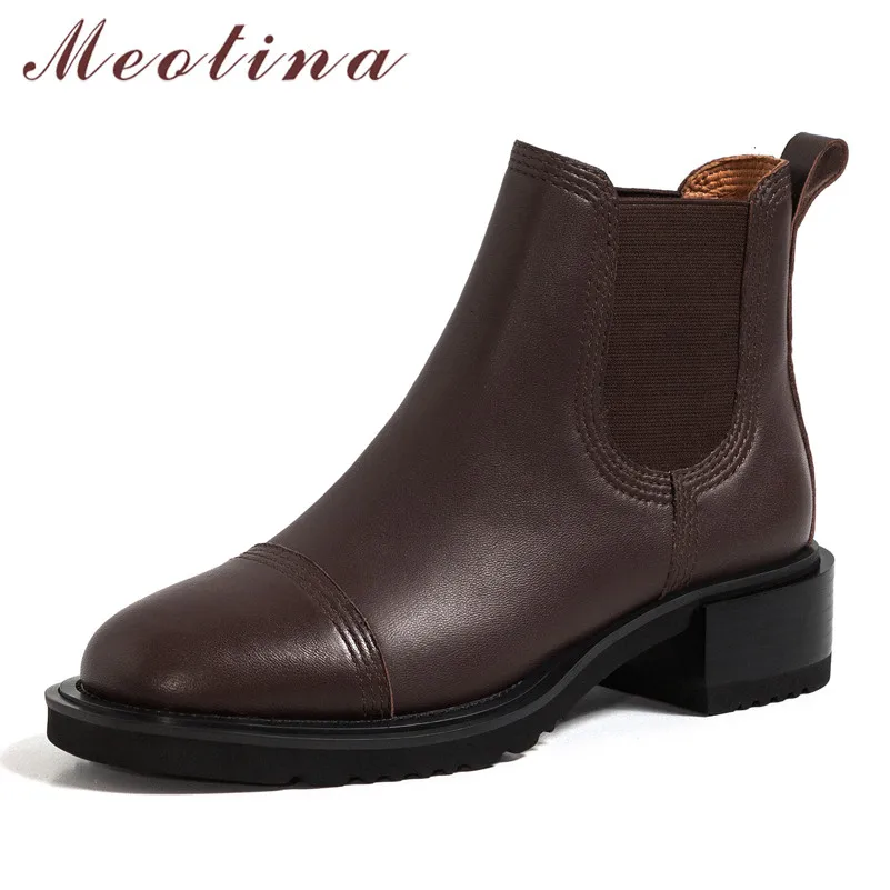 

Meotina Genuine Leather Platform Mid Heel Ankle Boots Women Chelsea Boots Shoes Slip On Block Heels Short Boots Lady Brown Black