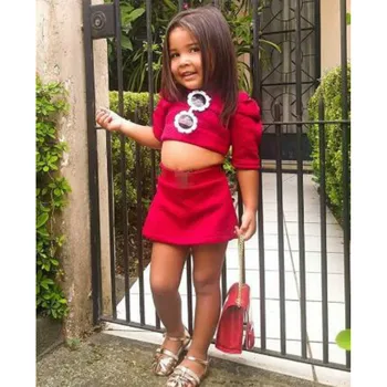

2020 Cute Toddler Girl Clothes Summer Puff Sleeve Round Neck Crop Top High Waist Skirt 2 Pcs Outfits Clothing